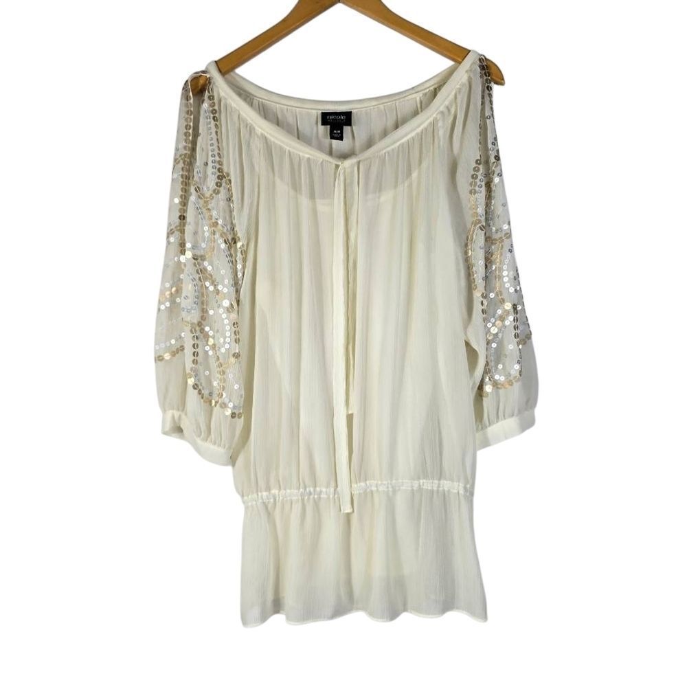 Nicole Miller Cream Blouse with Gold Sequins Size Medium